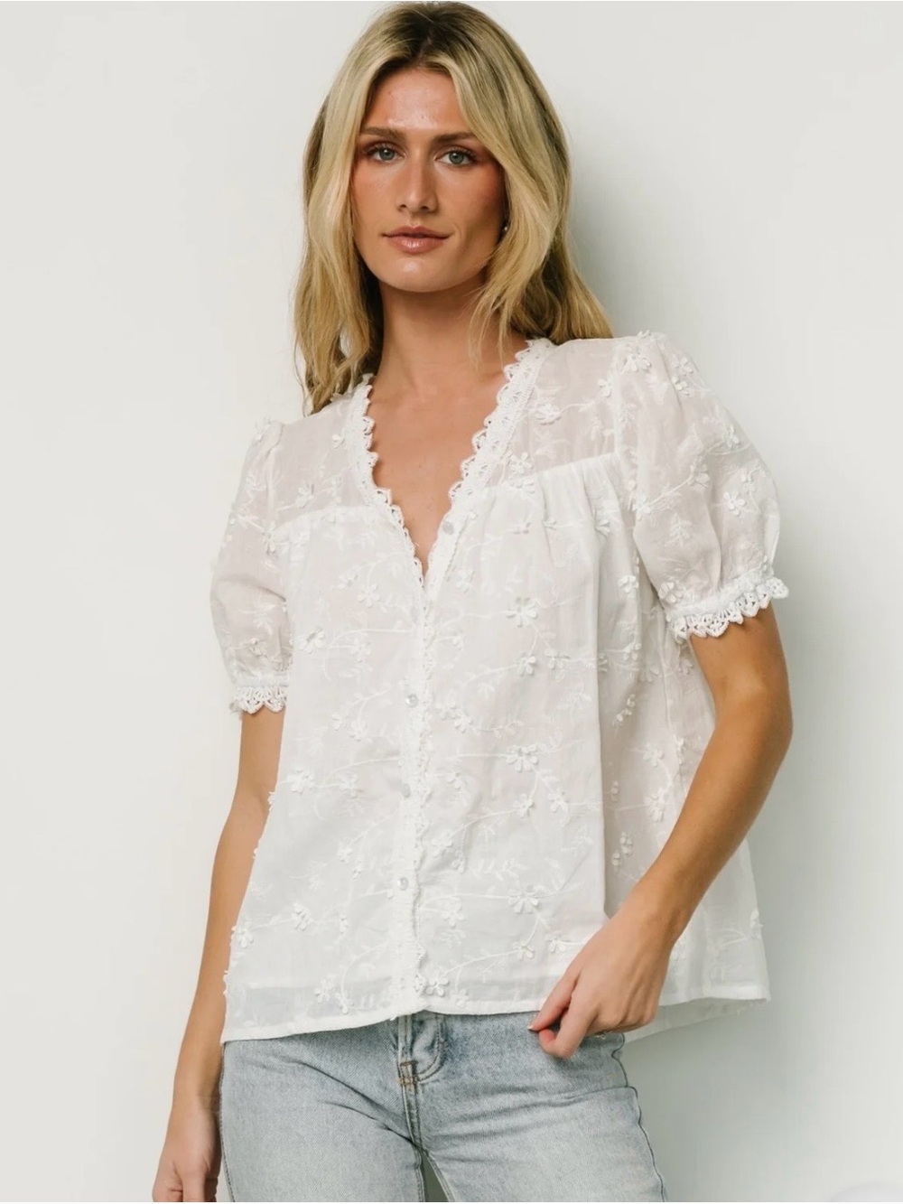 Baltic Born Pauline Embossed Top Blouse Puff Sleeve White Size Small